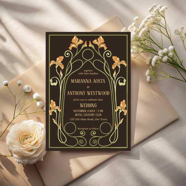 Art nouveau mörkbrun elegant bröllop inbjudningar (Art nouveau dark brown floral arch elegant wedding invitation cards template)