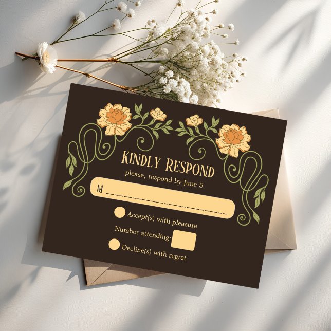 Art nouveau mörkbrun elegant bröllop OSA kort (Art nouveau dark brown flower arch elegant wedding invitation RSVP cards moody noir dark invitations)