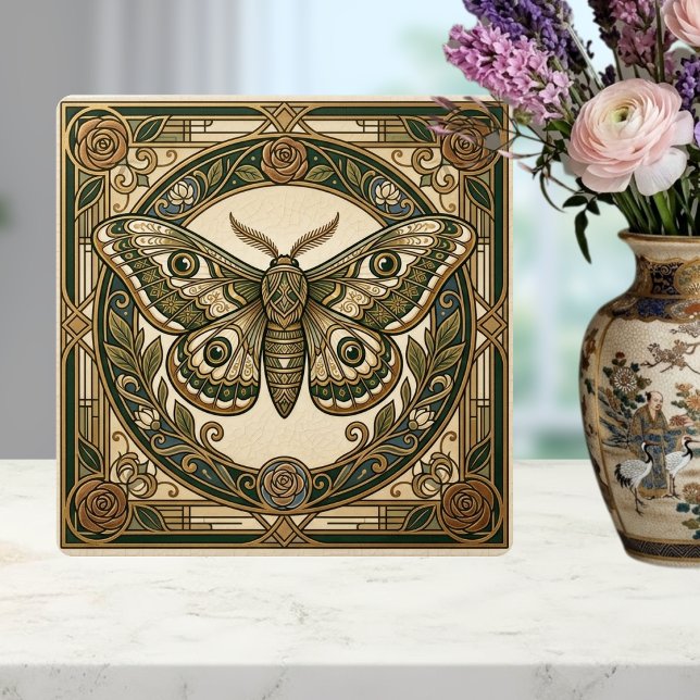 Art Nouveau Moth Grön Guld Blommig Keramisk Kakel (Skapare uppladdad)