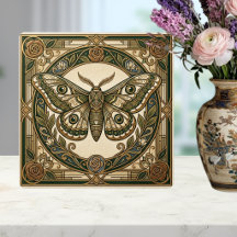 Art Nouveau Moth Grön Guld Blommig Keramisk Platta