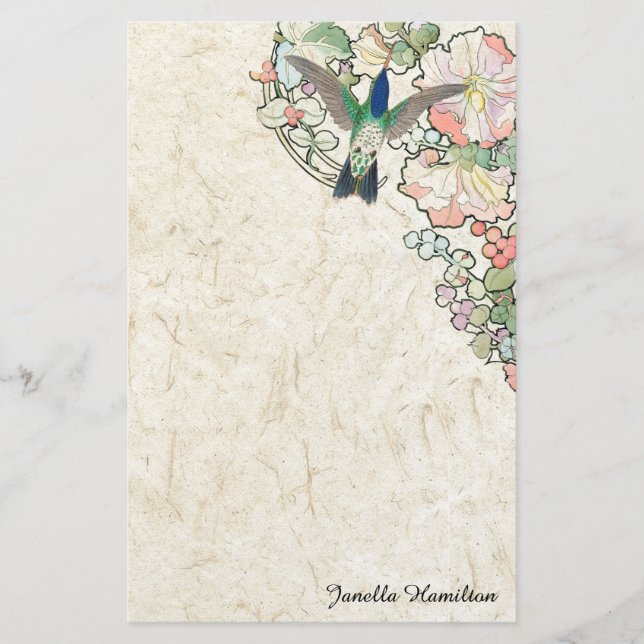 Art nouveau Mucha blommar Hummingbirdbrevpapper Brevpapper (Framsida)