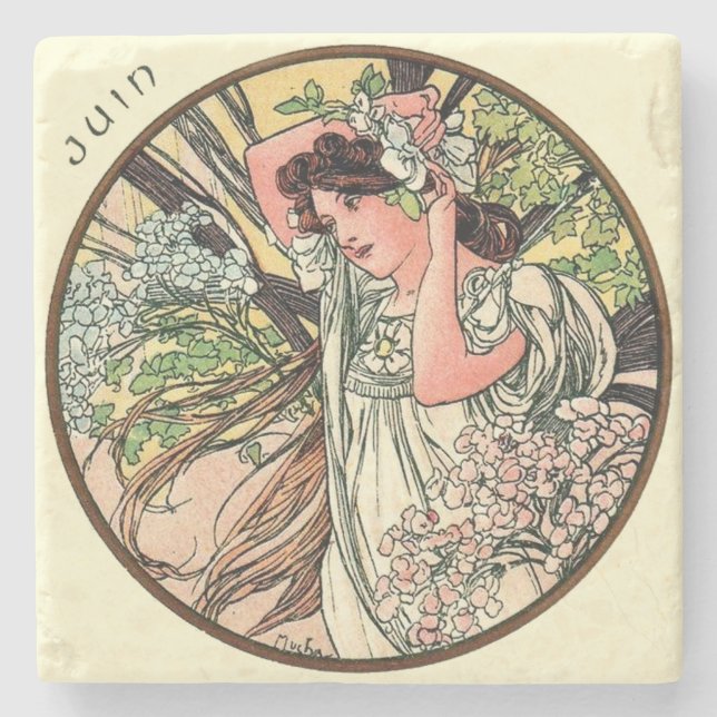 Art nouveau Mucha Calendar June Underlägg Sten (Framsidan)