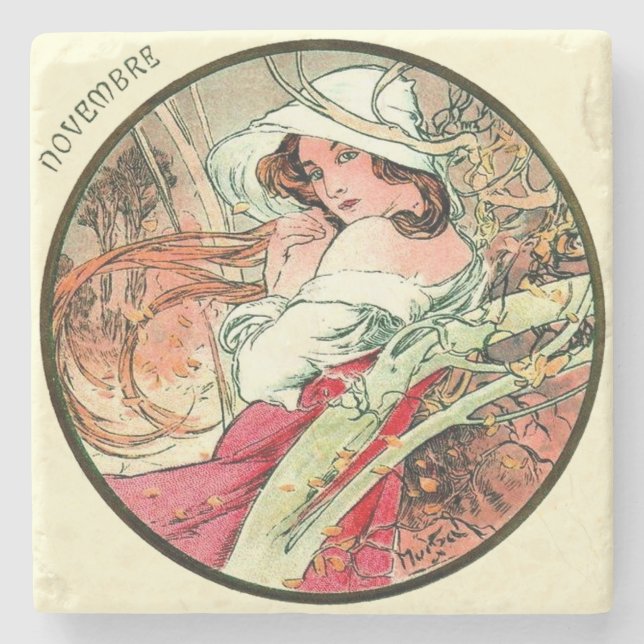 Art nouveau Mucha Calendar November Underlägg Sten (Framsidan)
