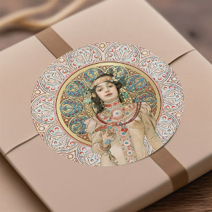Art nouveau Mucha Sarah Bernhardt Champagne Guld C Runt Klistermärke