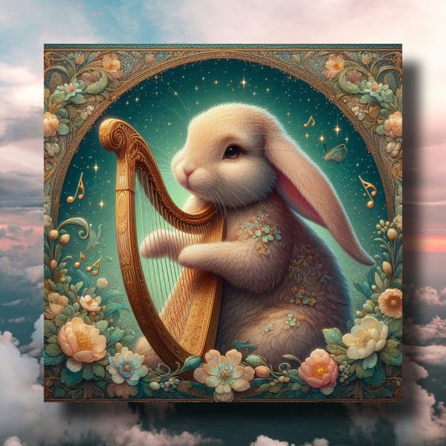 Art nouveau Musician Bunny Harp Påsk Julkort (Skapare uppladdad)