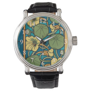 Art Nouveau Nasturtium Blå Guld blomster Verneuil Armbandsur