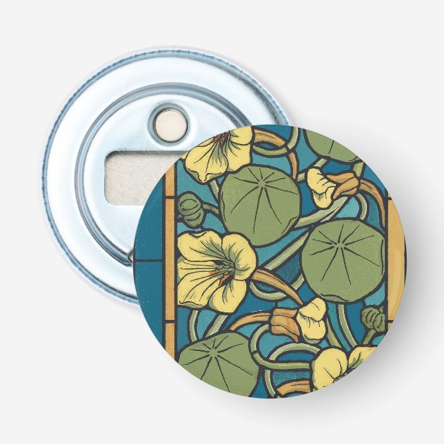 Art Nouveau Nasturtium Blå Guld blomster Verneuil Flasköppnare (Framsidan)