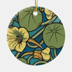 Art Nouveau Nasturtium Blå Guld blomster Verneuil Julgransprydnad Keramik