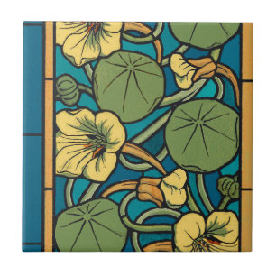 Art Nouveau Nasturtium Blå Guld blomster Verneuil Kakelplatta