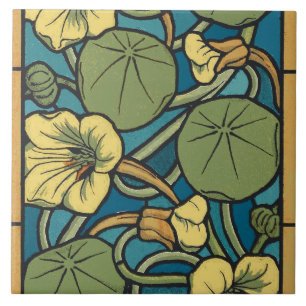 Art Nouveau Nasturtium Blå Guld blomster Verneuil Kakelplatta
