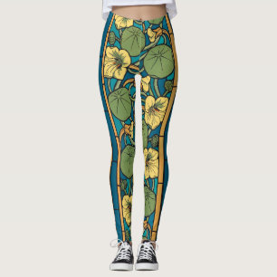 Art Nouveau Nasturtium Blå Guld blomster Verneuil Leggings
