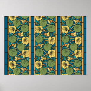 Art Nouveau Nasturtium Blå Guld blomster Verneuil Poster