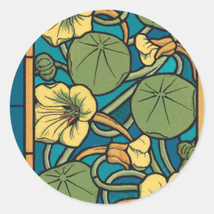 Art Nouveau Nasturtium Blå Guld blomster Verneuil Runt Klistermärke