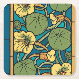 Art Nouveau Nasturtium Blå Guld blomster Verneuil Underlägg Papper Kvadrat