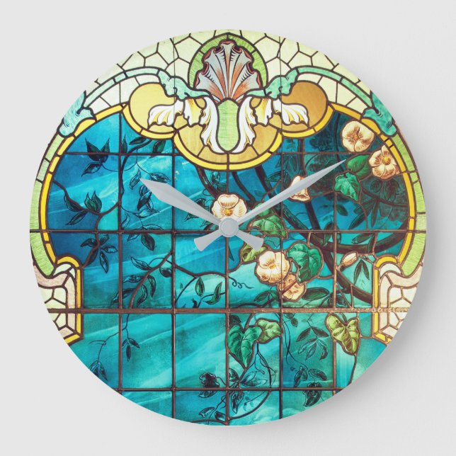Art nouveau nedfläckad glasfönsterblommigt Viktori Stor Klocka (Framsida)