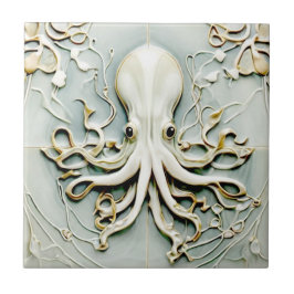 Art nouveau Octopus Faux Relief Guld & Mint Pastel Kakelplatta
