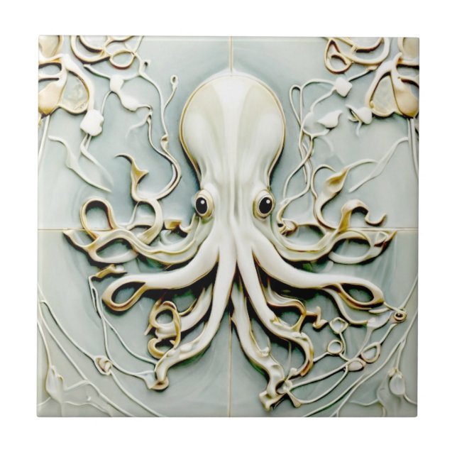 Art nouveau Octopus Faux Relief Guld & Mint Pastel Kakelplatta (Framsidan)