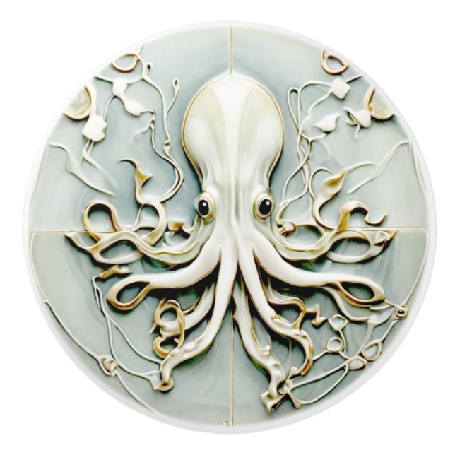 Art nouveau Octopus Faux Relief Guld & Mint Pastel Knopp (Framsidan)