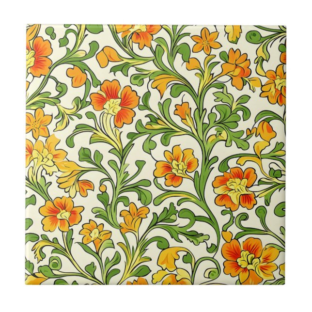  Art Nouveau orange and yellow floral pattern  Kakelplatta (Framsidan)