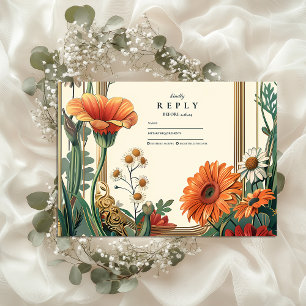 Art Nouveau Orange Blommig Bröllop OSA Kort