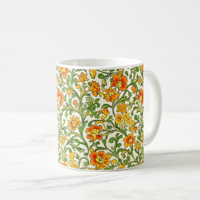 Art Nouveau orange och gul blomster mönster Kaffemugg (Framsida höger)