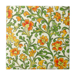 Art Nouveau orange och gul blomster mönster Kakelplatta