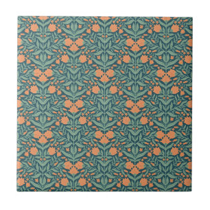 Art Nouveau orange tulpanliknande blommönster Kakelplatta
