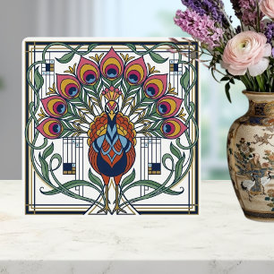 Art Nouveau Påfågel Fjäder Blommig Design Keramik  Kakelplatta