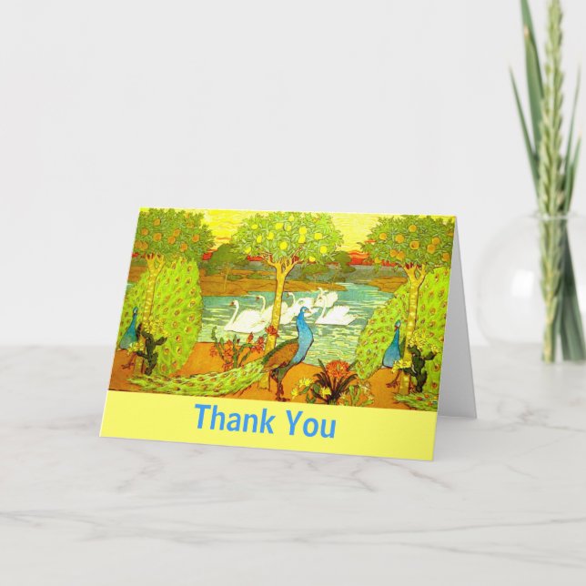 Art Nouveau Påfåglar och svanar Tack Kort (Framsida)