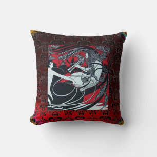ART NOUVEAU PAN, RED BLACK WHITE DAMASK KUDDE