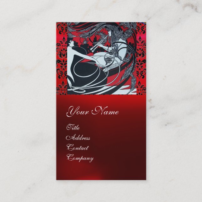 ART NOUVEAU PAN, RED BLACK WHITE DAMASK MONOGRAM VISITKORT (Framsida)
