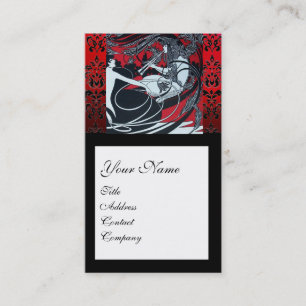 ART NOUVEAU PAN, RED BLACK WHITE DAMASK SQUARE VISITKORT
