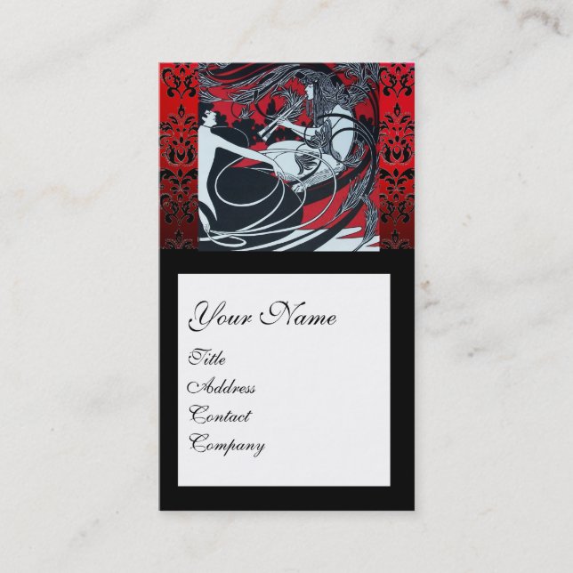 ART NOUVEAU PAN, RED BLACK WHITE DAMASK SQUARE VISITKORT (Framsida)