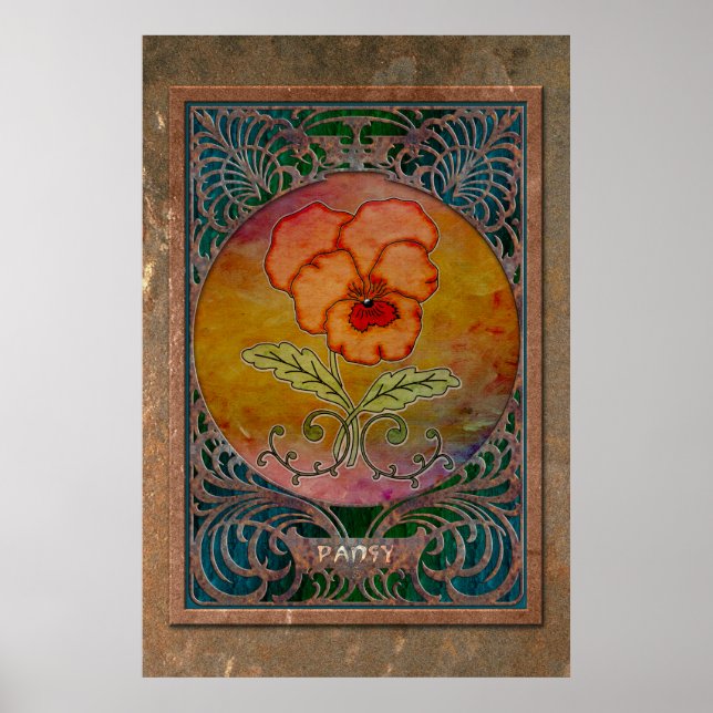 Art nouveau Pansy i ett kupperi Mucha Ram Poster (Framsidan)