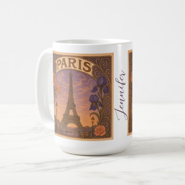 Art nouveau Paris Eiffel Torn Blommigt Anpassat na Kaffemugg (Framsida vänster)