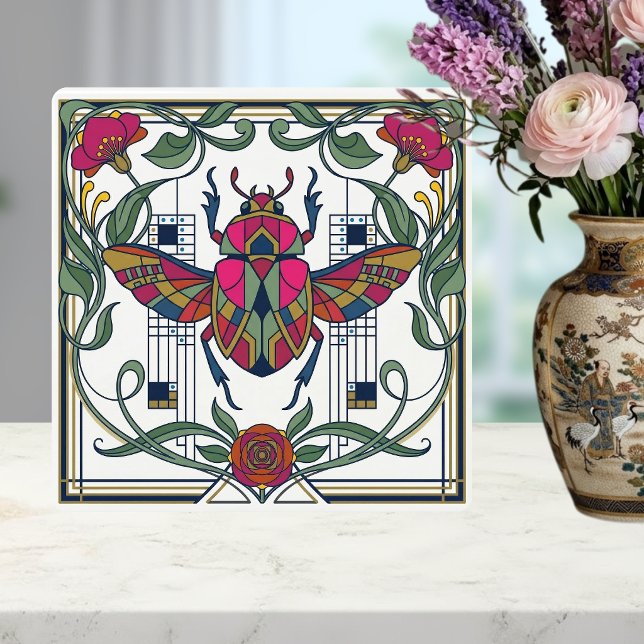 Art Nouveau Pärlbagge Blommig Kant Keramik Kakelplatta (Skapare uppladdad)