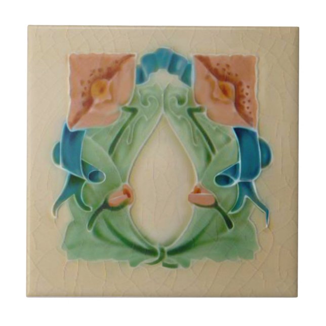 Art nouveau Peach Mint Teal Blommigt Antique Repro Kakelplatta (Framsidan)