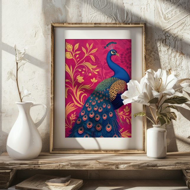 Art nouveau Peacock på Fuchsia Vibrant Poster (Skapare uppladdad)