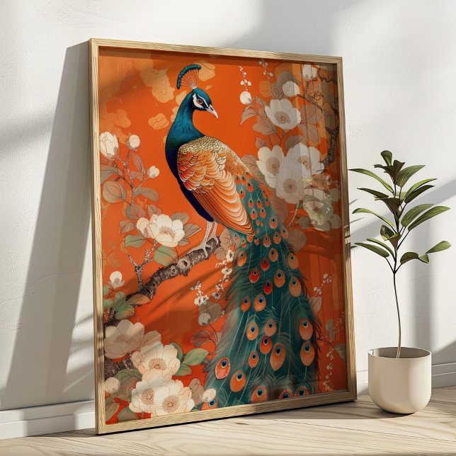 Art nouveau Peacock på Orangens Blommigt Poster (Skapare uppladdad)