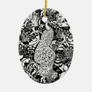 Art nouveau Peacock Print, Black and White Julgransprydnad Keramik