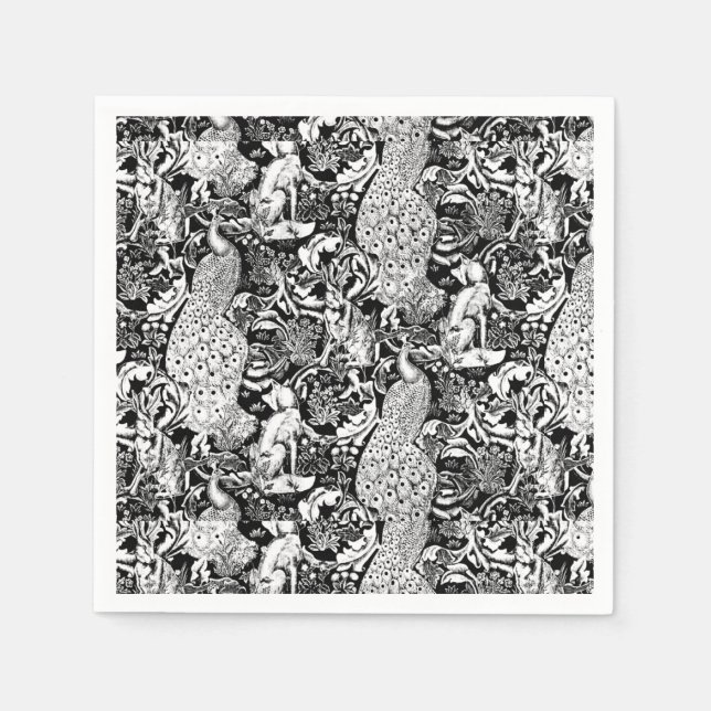 Art nouveau Peacock Print, Black and White Pappersservett (Framsidan)