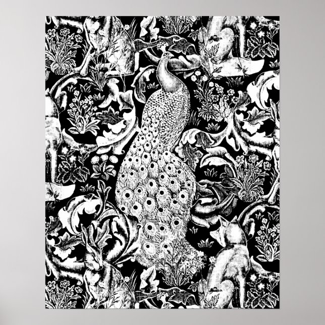 Art nouveau Peacock Print, Black and White Poster (Framsidan)