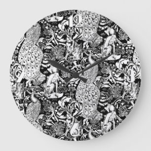 Art nouveau Peacock Print, Black and White Stor Klocka