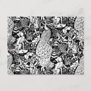 Art nouveau Peacock Print, Black and White Vykort