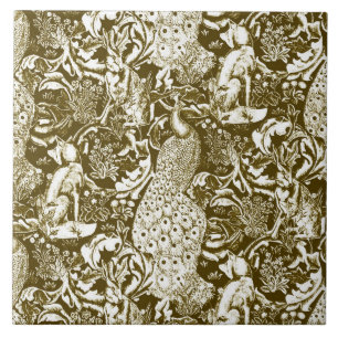 Art nouveau Peacock Print, Brown och Cream Kakelplatta
