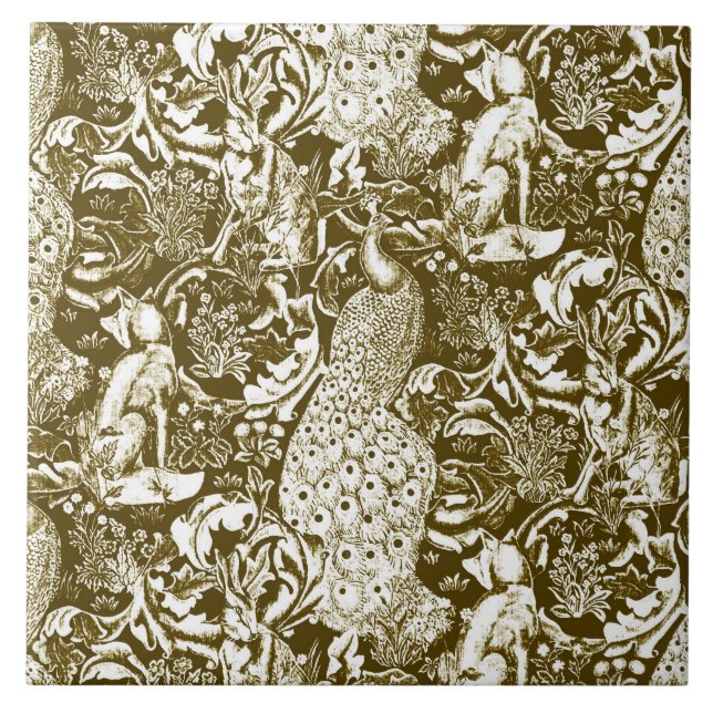 Art nouveau Peacock Print, Brown och Cream Kakelplatta (Framsidan)