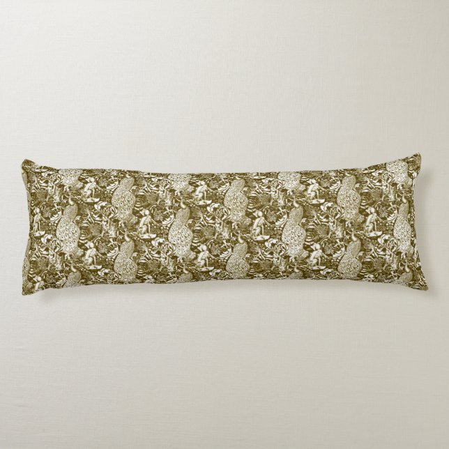 Art nouveau Peacock Print, Brown och Cream Kroppskudde (Baksidan)