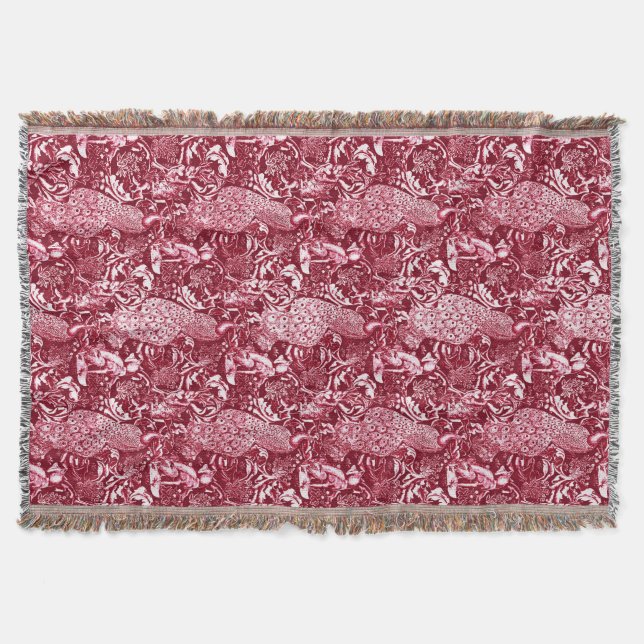 Art nouveau Peacock Print, Burgundy Vin Filt (Framsidan)