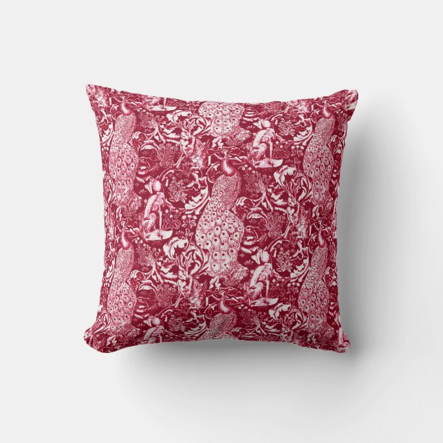 Art nouveau Peacock Print, Burgundy Vin Kudde (Framsida)