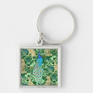 Art nouveau Peacock Print, Cobalt Blue & Grönt Fyrkantig Silverfärgad Nyckelring